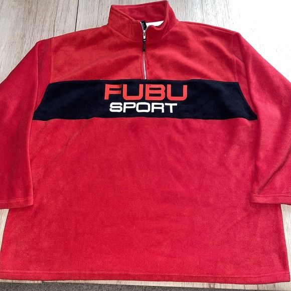 VTG 90s Fubu Sports 1/4 Zip Fleece Pullover 2XL Red Spellout Baggy Fit Oversized - Picture 1 of 6